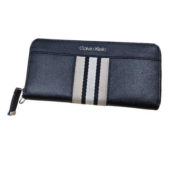 Calvin Klein Saffiano Leather Zip-Around Wallet BLACK COMBO GOLD - Picture 1 of 8